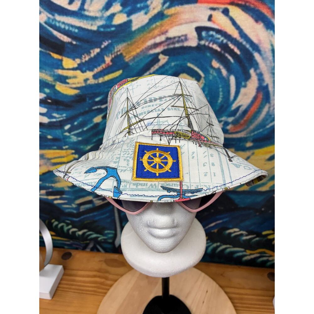 Nautical Ship Wheel Bucket Hat – Handmade Maritime Cotton Hat – Size Small